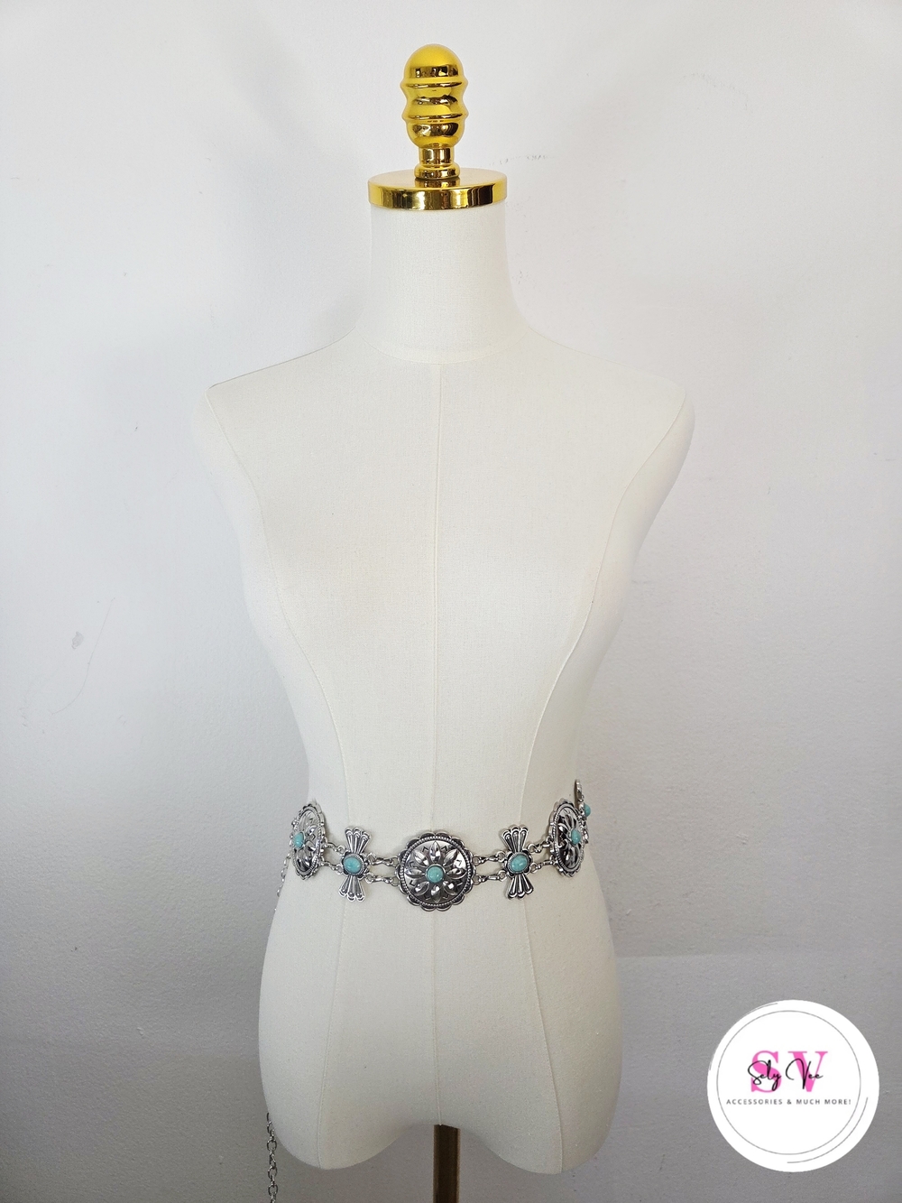Silver Chain Belt With Turquoise Decor